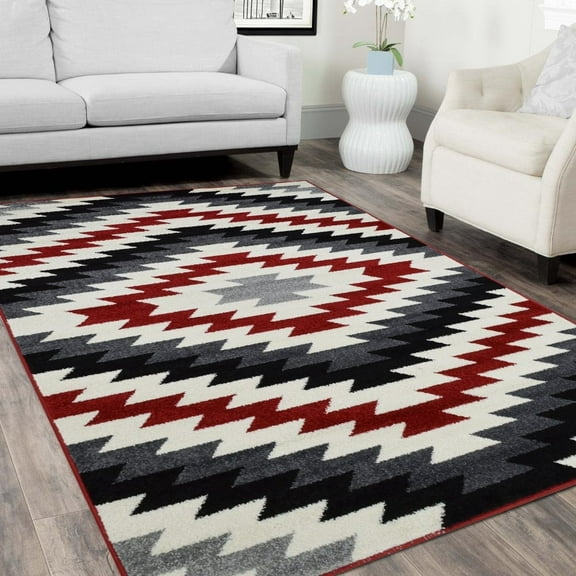 HR HANDCRAFT RUGS HR Southwestern Tribal Inspired Area Rug - Modern Faded Tribal Design - Red, Gray, Black, White - Contemporary Style 5 x 7