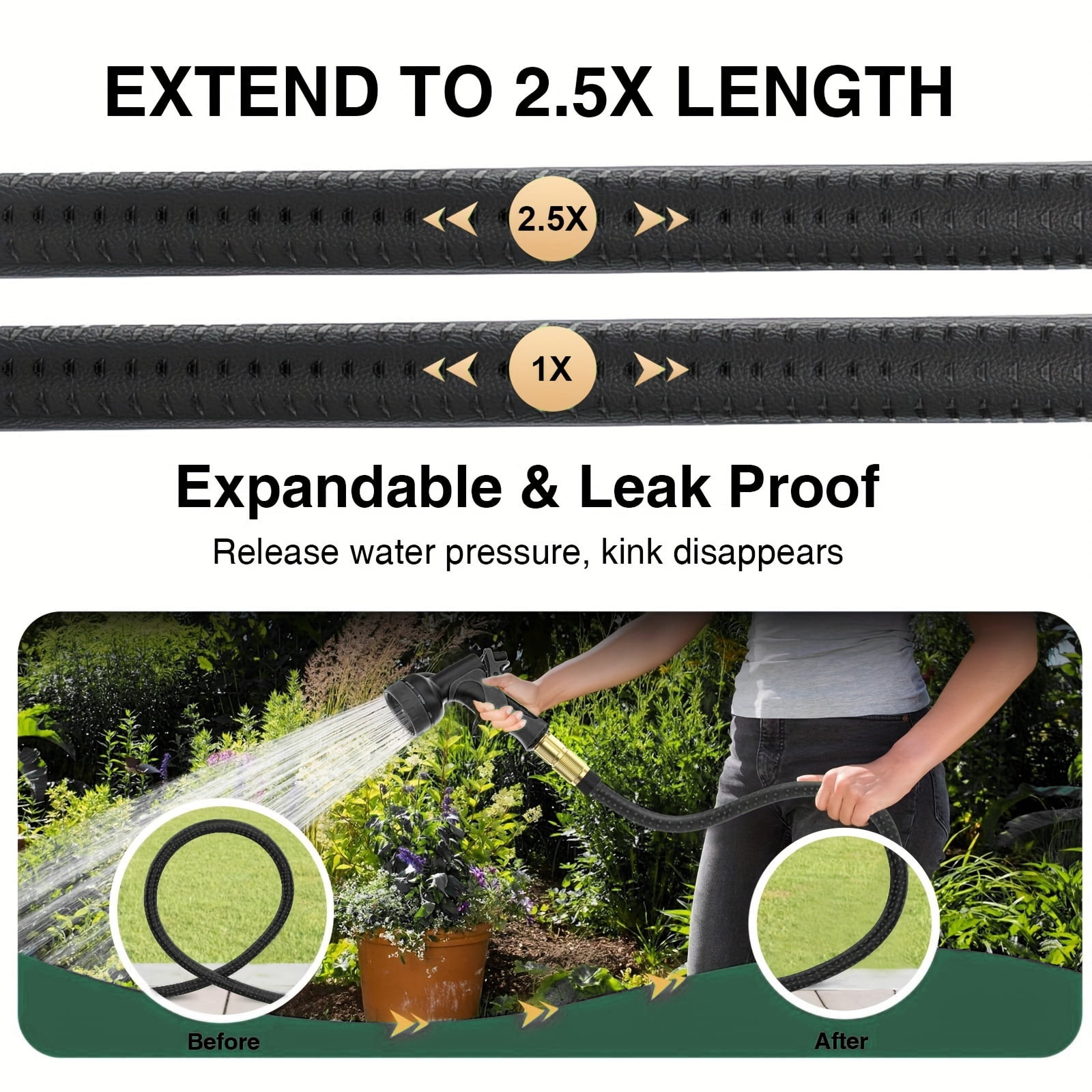 Lovfen Garden Hose 150 FT, Retractable Lightweight No Kink, Durable Expandable Water Hose For Outdoor Watering, Car Wash, Lawn & Yard Pet Cleaning