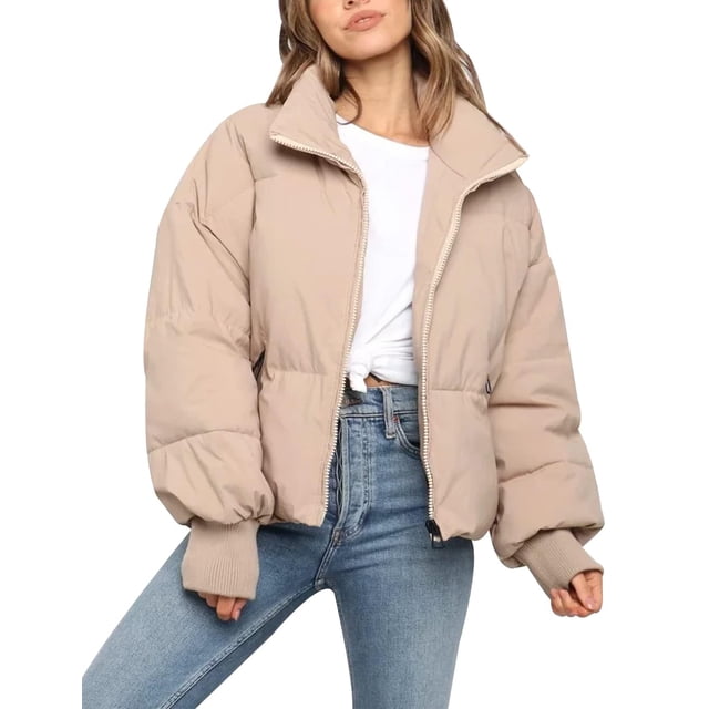 Chaqueta acolchada Flygo Winter Cropped 2024 para mujer, color caqui, talla L