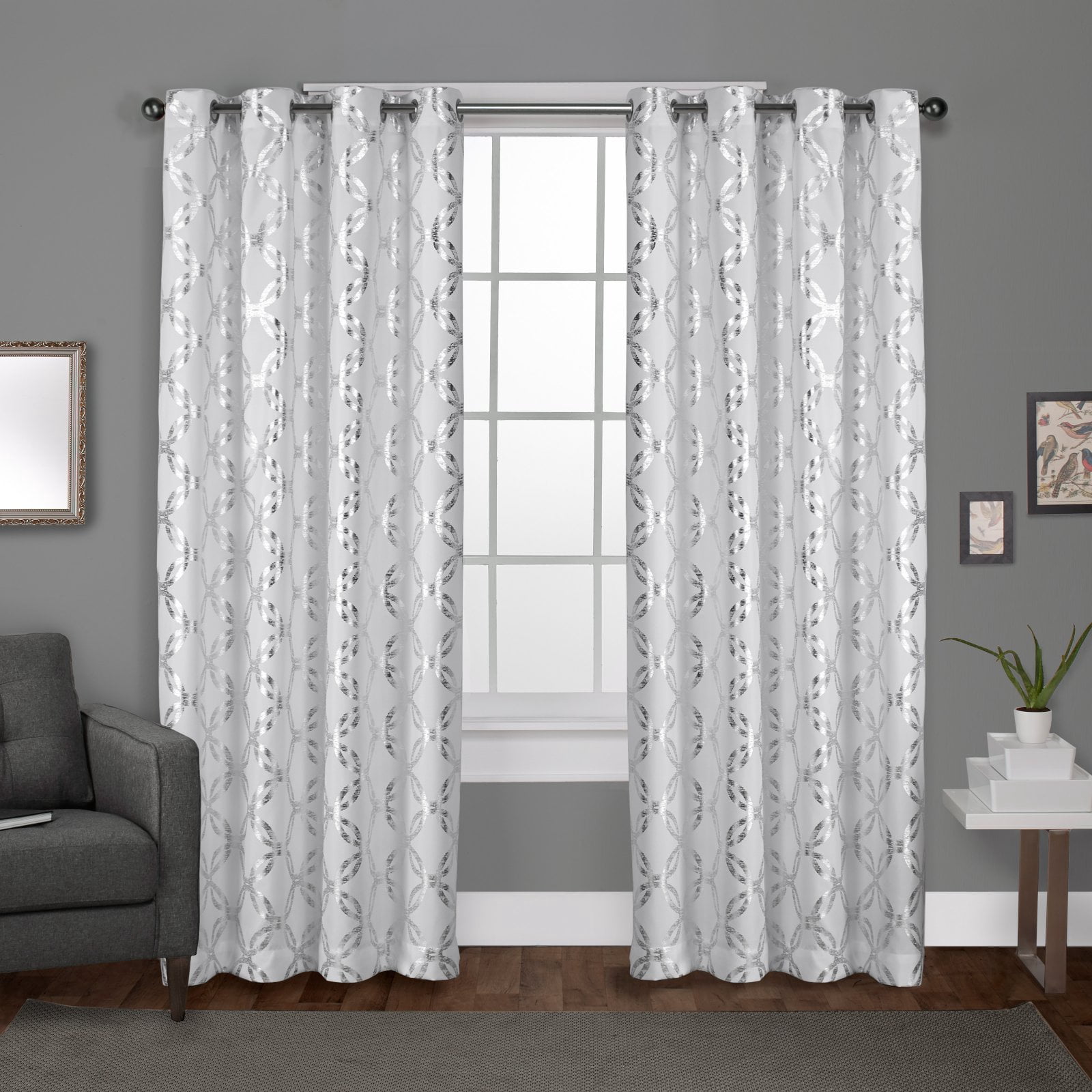 Exclusive Home Modo Metallic Geometric Grommet Top Curtain Panel Pair, 54"x108", Indigo