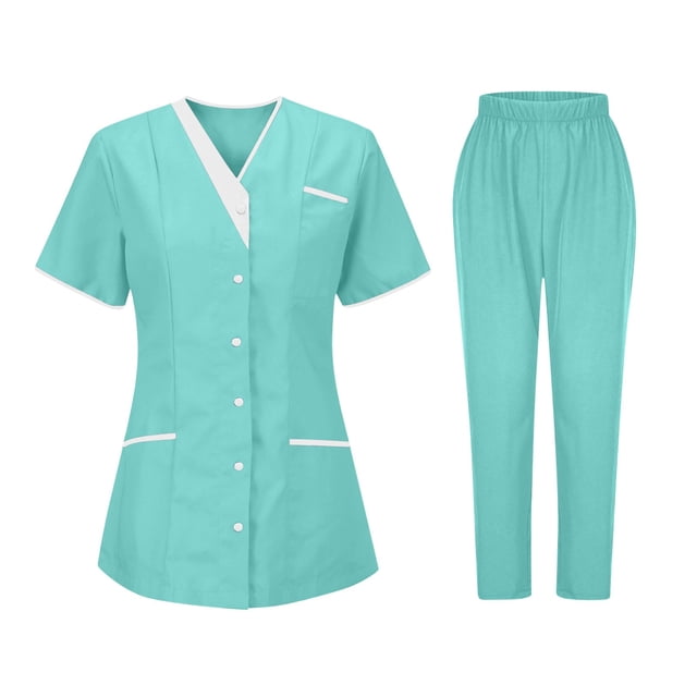 Women's Scrub Sets, V-Neck Nursing Uniform With Pants, Medical Tunic And Work Clothes For Caregivers