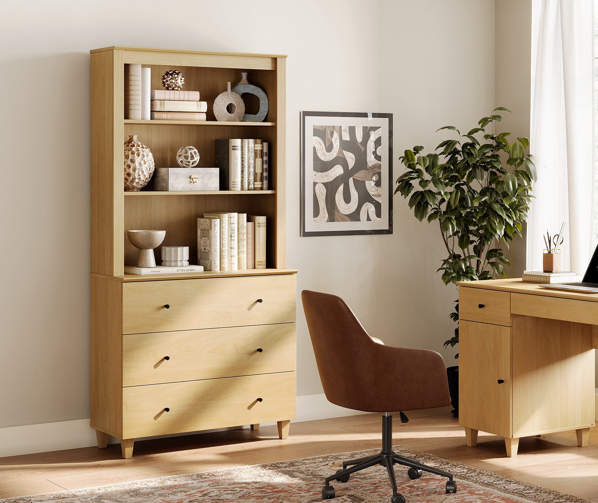 WAMPAT Modern 71 Inches Tall Bookcase with 3 Drawers, 3-Tier,Oak