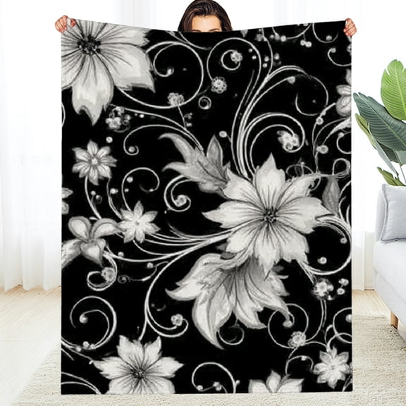 RKSupls New Year Throw Blanket, Black White Flowers Soft Flannel Throw Blanket, Fuzzy Warm Cozy Christmas Blanket for Couch Bed Home Travel Decor, 30*40in