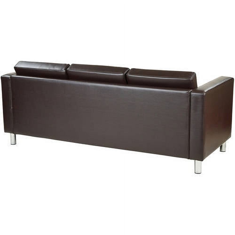 OSP Home Furnishings Pacific Easy-Care EspressoFaux Leather Sofa Couch with  Box Spring Seats and Silver Color Legs