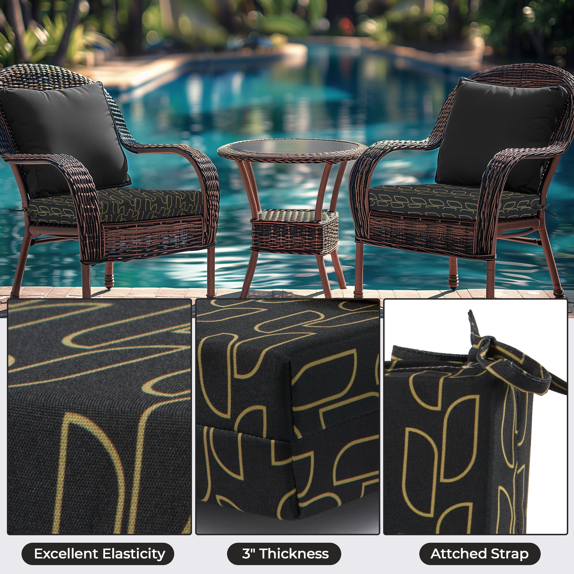 UNIKOME 4-Pack Outdoor Patio Seat Cushions, Waterproof High-Density Foam, 18.5 x 16 x 3 inch, Black Floral