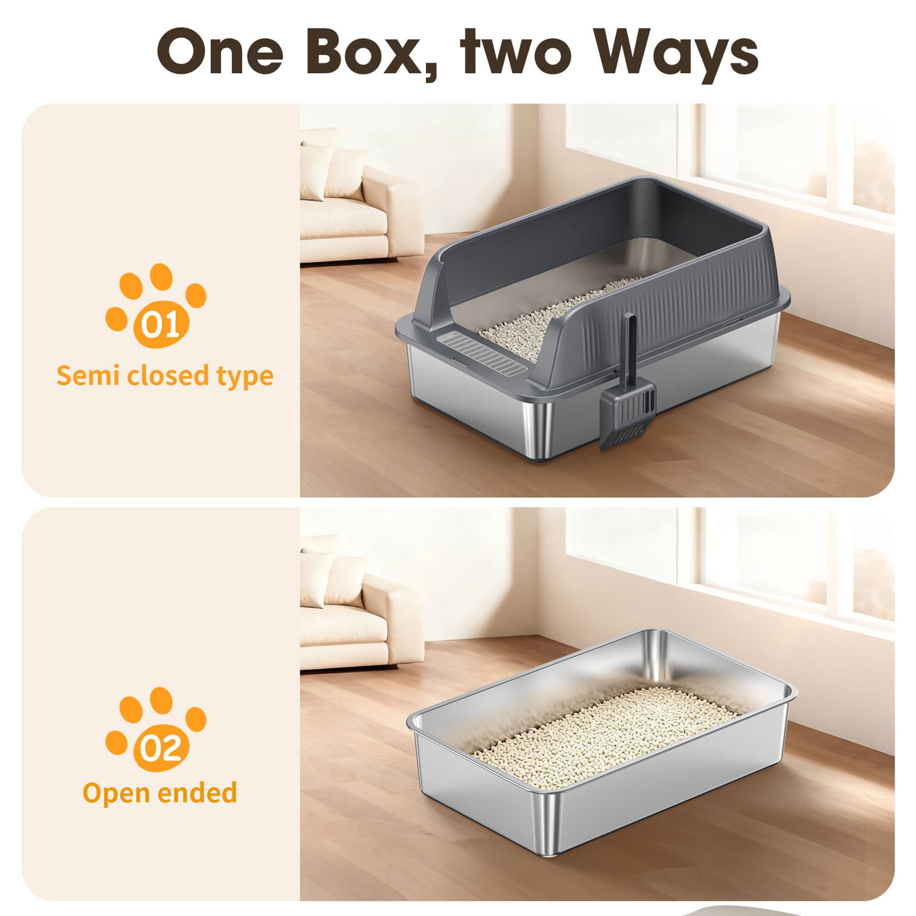 S-HOME Black and Silver Stainless Steel Cat Litter Box 22.83 x 14.60 with High Sides and Litter Scoop, Odor-Resistant Design
,  1 Sets
