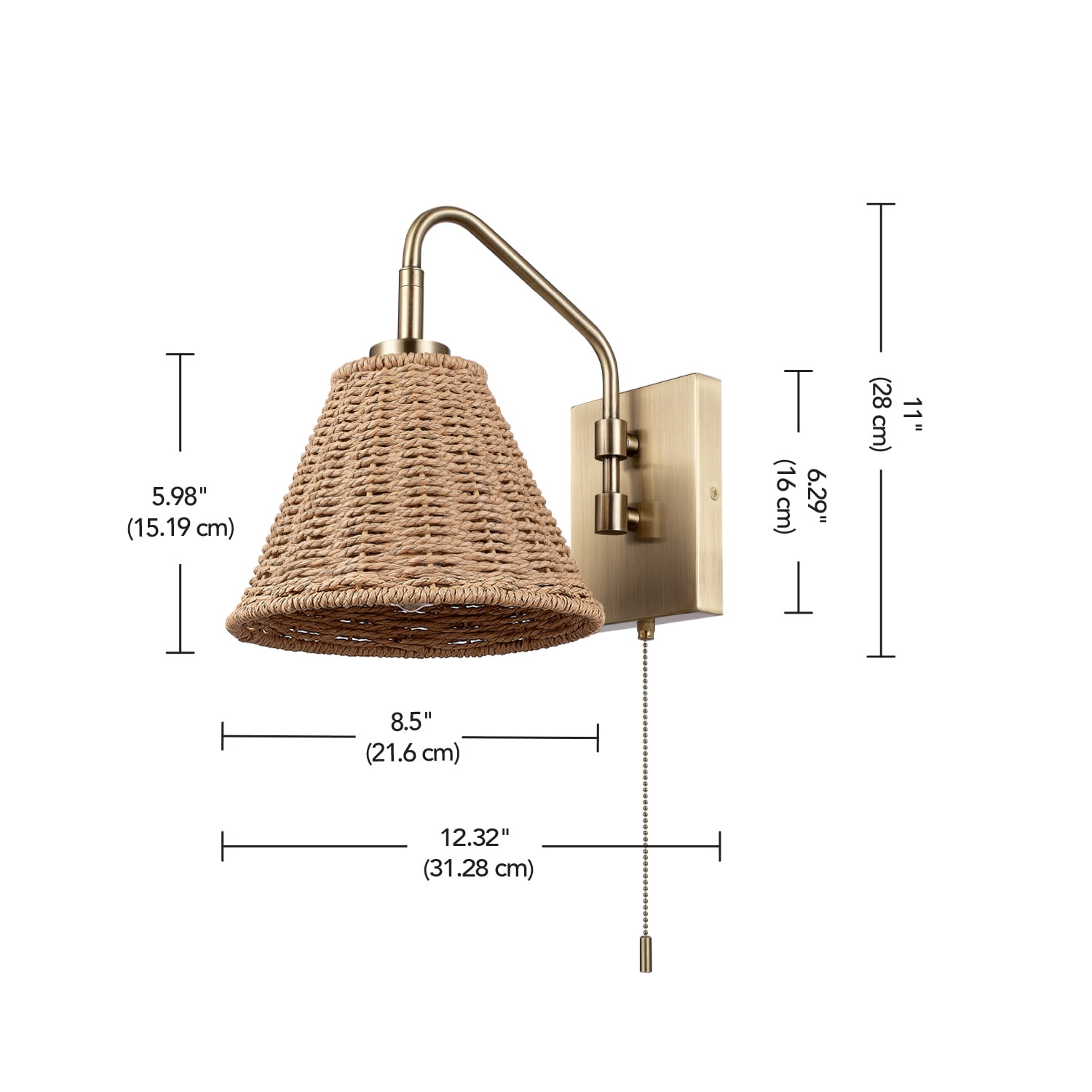 Novogratz x Globe Electric 1-Light Matte Brass Rattan Indoor Wall Sconce with Pull Chain Switch, No Battery Required