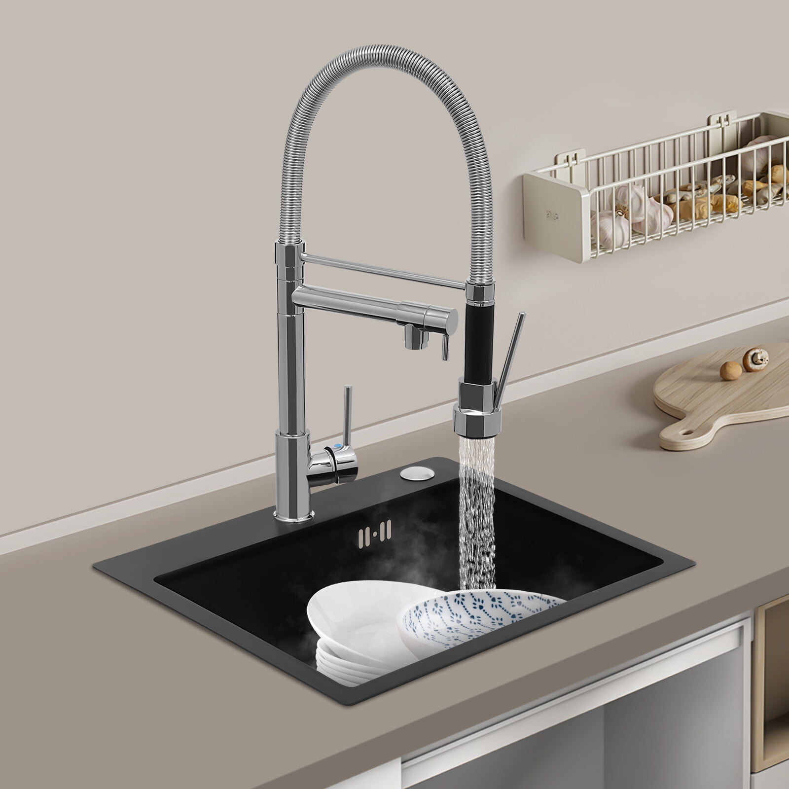 Kitchen Sink Single Handle Stainless Steel Faucet with Pull Down Sprayer(Silver)