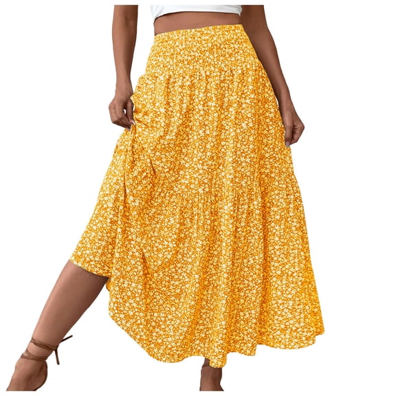 felwors Floral Print Tiered Maxi Skirt – Women’s Summer Boho Skirt (Yellow, M)