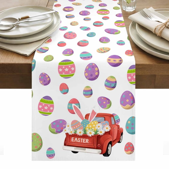 Easter Eggs Table Runner - 90 Inch Long, Kitchen Dining Table Runner Dresser Scarves, Spring Watercolor Bunny Daisy Red Truck Farmhouse Decor for Coffee Tables Wedding Party Banquet