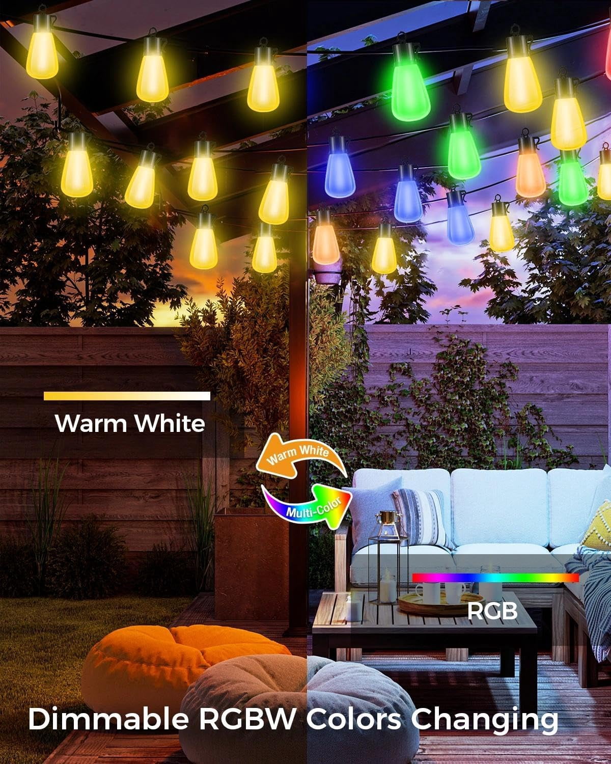 60FT Color Changing Outdoor String Lights with Remote - Dimmable LED RGB Patio Lights for Outside with Shatterproof Waterproof Edison Bulbs for Yard Gazebo Party Wedding Holiday