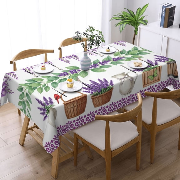 Wisteria Lavender Leaves Basket Rectangle Tablecloth Waterproof Table Cloth Stain and Wrinkle Resistant Washable, Decorative Fabric Table Cover for Dining, Party and Camping