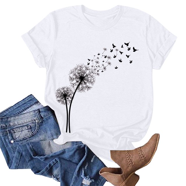 Babysbule Hauts en Liquidation pour Femmes T-shirt à Manches Courtes Imprimé Pissenlit Col Rond Mode Décontracté Ample