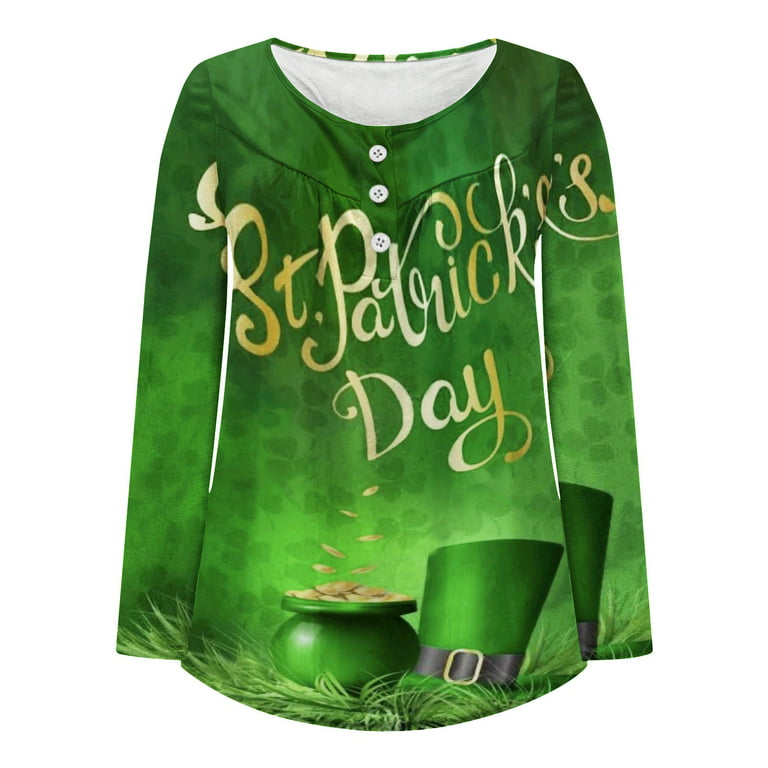 HAPIMO Savings Women's St.Patrick's Day Shirt Lucky Green Day Gifts Long  Sleeve Shirts for Women Button V-Neck Tee Shirt Clover Graphic Print  Pullover