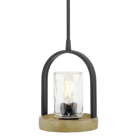 Kira Home Brea 12  Farmhouse 1-Light Pendant Light + Hammered Glass Cylinder Shade  Black + Smoked Birch Style Wood