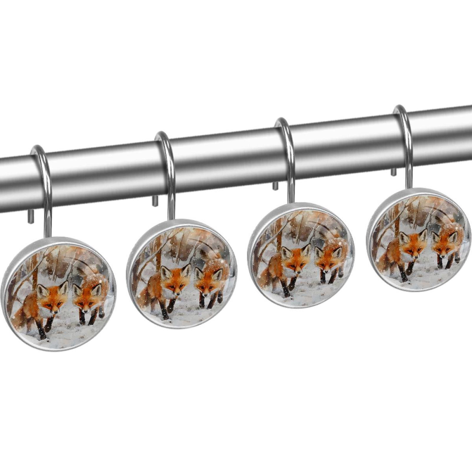 Watercolor Snow Running Foxes Shower Curtain Hooks Round Crystal Glass, Set of 12 Shower Curtain Rings - Shower Hooks for Curtain Shower Rings