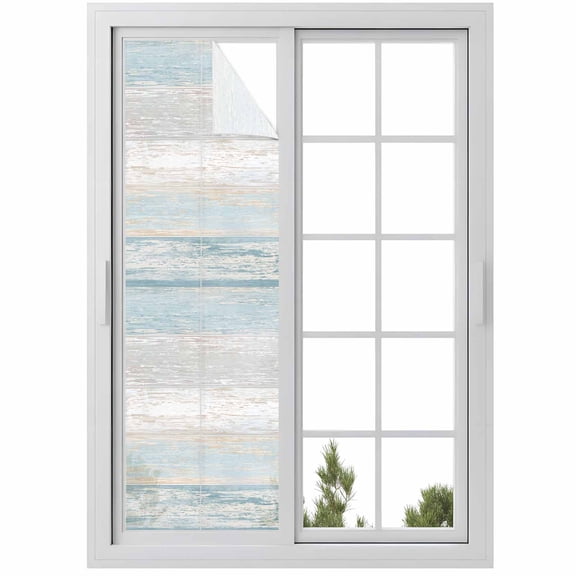 Blue Beige Farmhouse Window Privacy Film, Vintage Wooden Striped Static Cling UV Sun Blocking Heat Control Window Tint Day and Night, Non-Adhesive Reusable One Way Windows Privacy Cover 17.7''x78.7''
