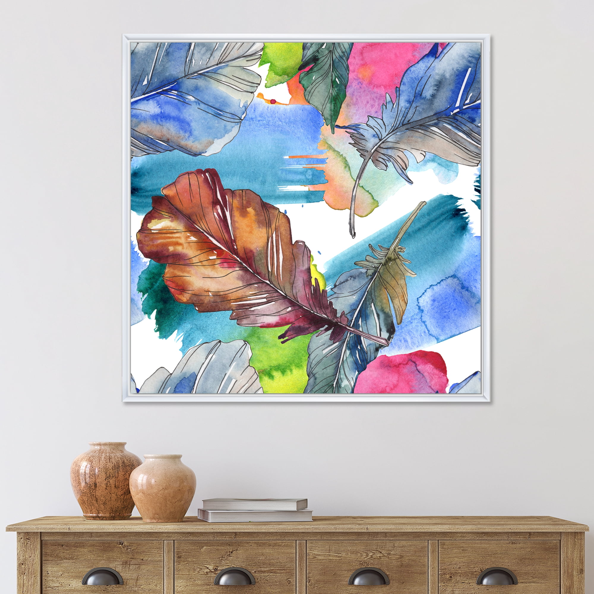 Designart 'Bird Feather In Pink and Blue' Traditional Framed Canvas Wall Art Print