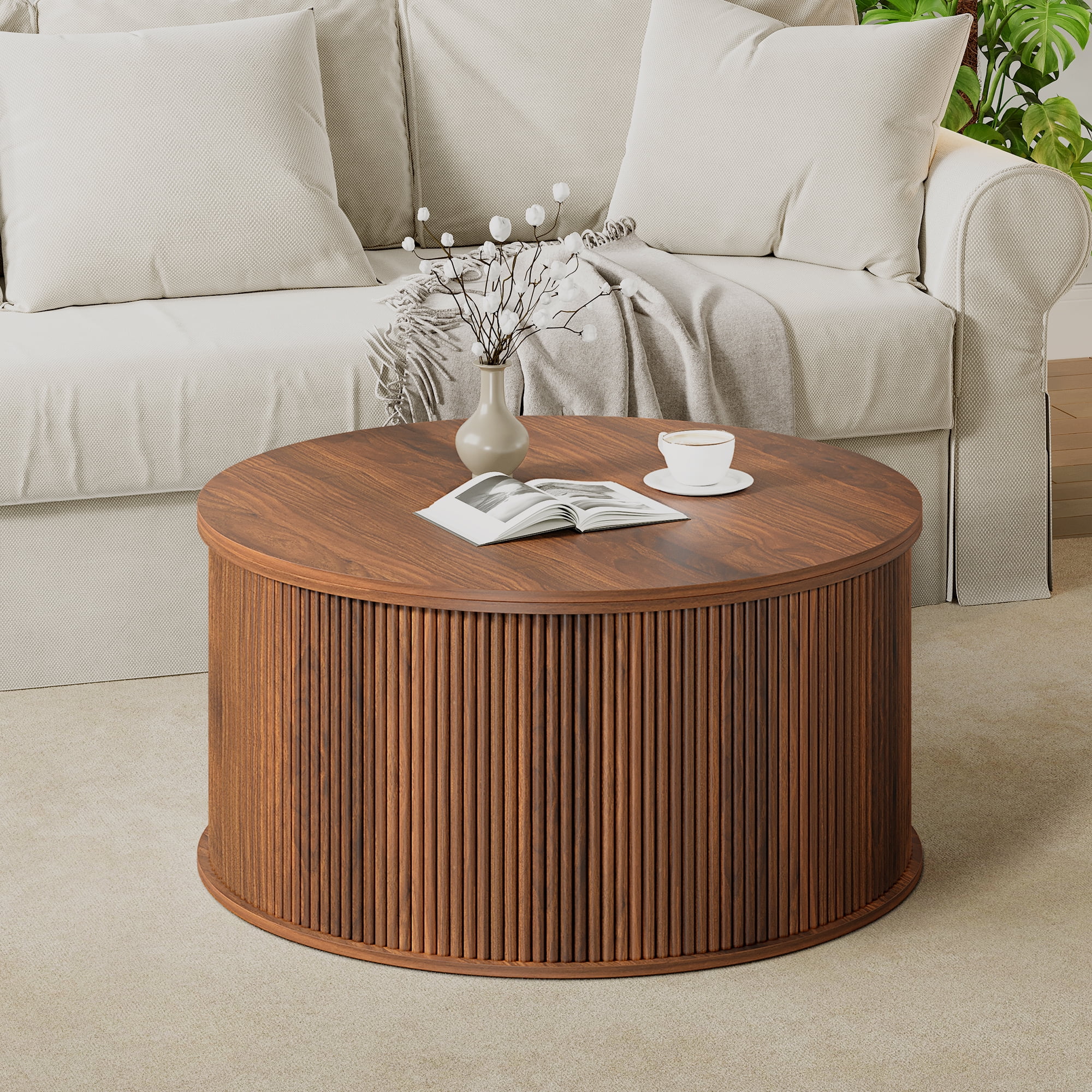 Wirrytor 31 inches Round Lift Top Coffee Table with Storage and Flip Top, Fluted Center Table for Living Room, Wood Coffee Table with Hidden Compartment, Round Arc Design, Walnut