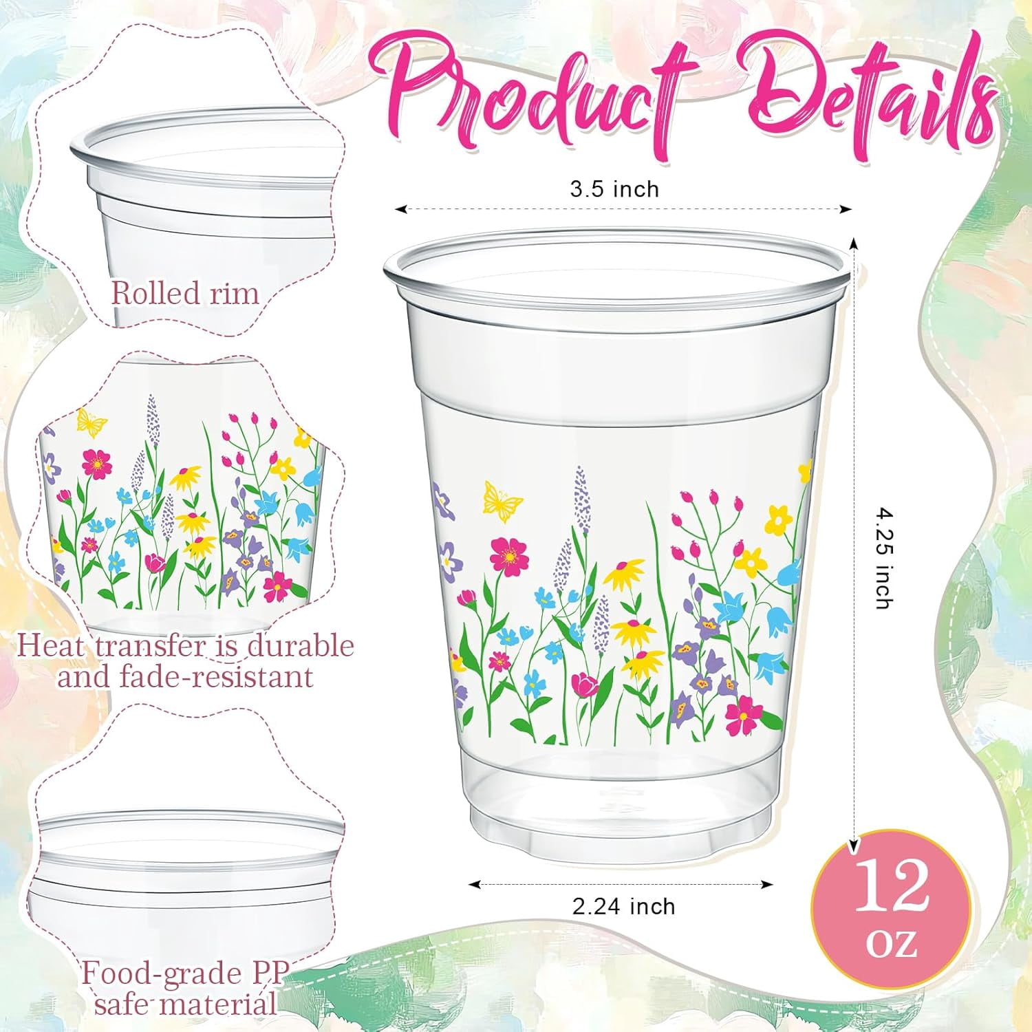 100 pcs Wildflower Disposable Cups Bulk 12 oz Clear Floral Plastic Cups Cold Beverage Flower Drinking Container for Spring Wedding Baby Shower Party