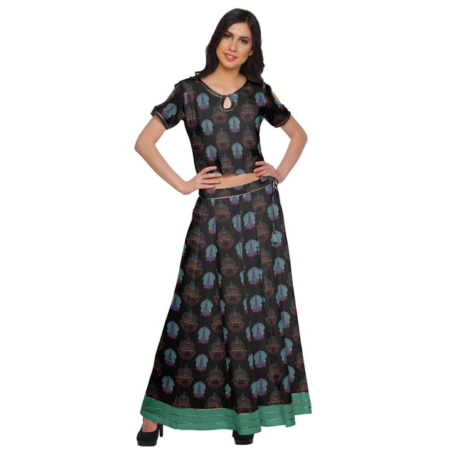 Moomaya Two Piece Maxi Skirt And Crop Top Printed Cotton Ethnic Set For Girls