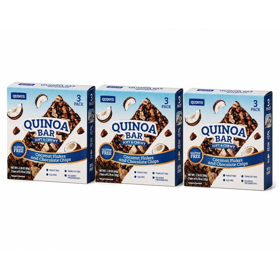 Quinys Quinoa Bars Soft & Chewy Coconut Flakes & Chocolate Chips, Gluten Free Snack Bars, 3 Pack (9 Bars Total)