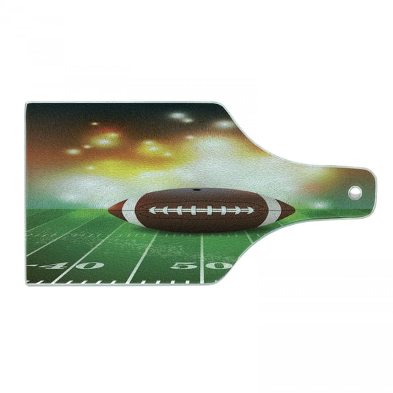 Sports Cutting Board, American Football Ball Warm Properties on Grass Turf Field Team Art Graphic, Decorative Tempered Glass Cutting and Serving Board, Wine Bottle Shape, Brown Green, by Ambesonne