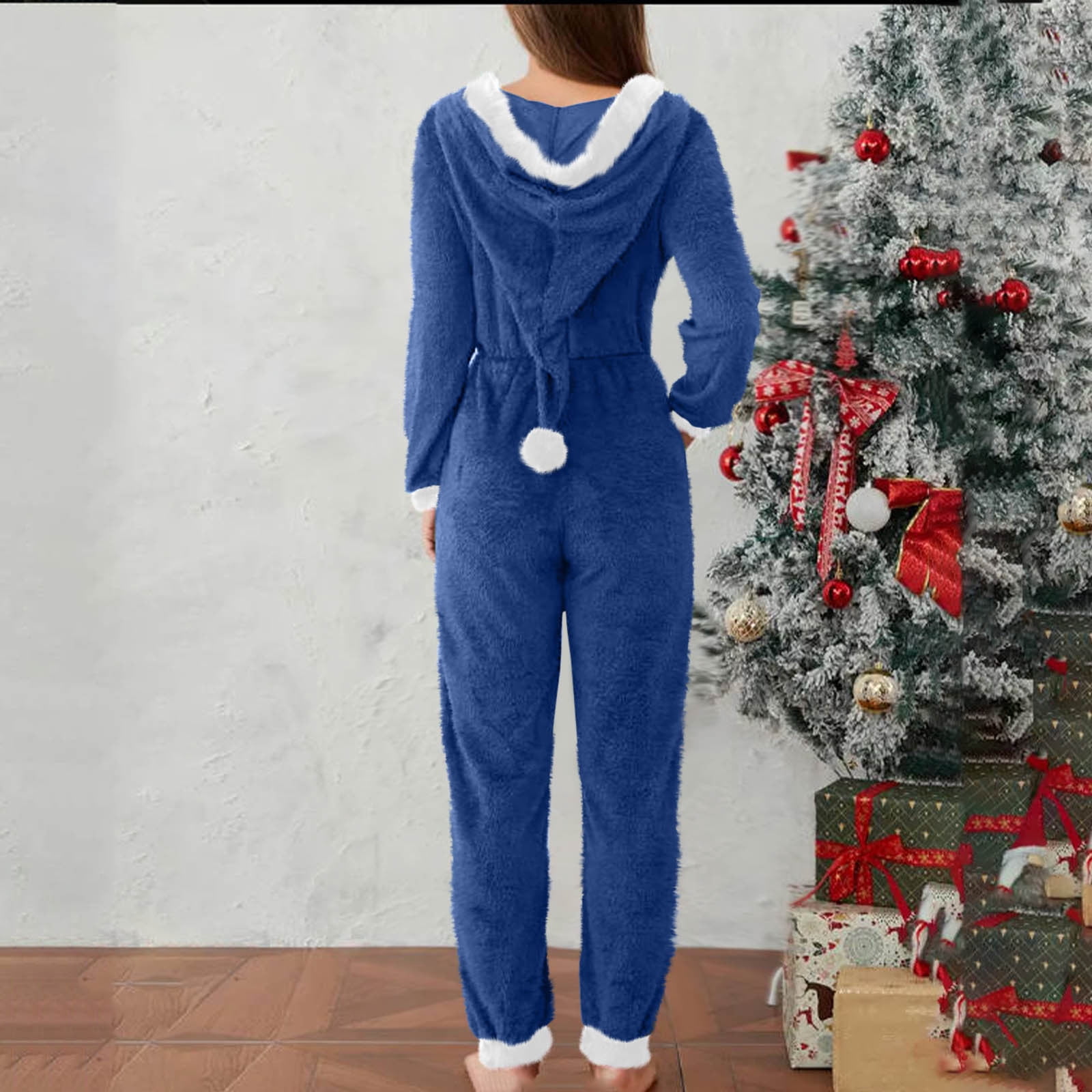 yoeyez Christmas Onesie Womens Slim Santa Hooded Pajamas Outfit Adult One-piece Pajamas Fleece Front Zipper Rompers