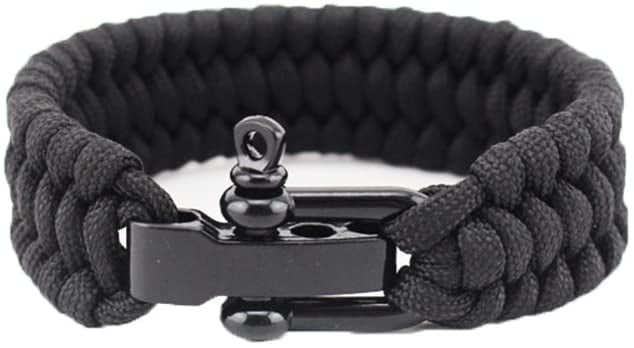Casual 550 lb Paracord Survival Wristband Wrist Chain with 3 Size Slight Adjustment Stainless Steel Black Shackle for Camping Hiking Gym Outdoor Sports Bracelet