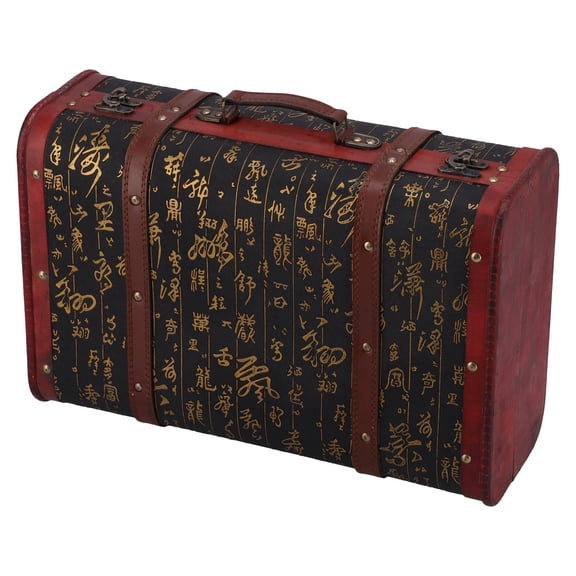 Vintage Decorative Wooden Storage Chest,Antique Wood Suitcase Trunk with Faux Leather Straps, Rustic Box for Home Decor, Event Props, Memory Keepsakes, and Organizing