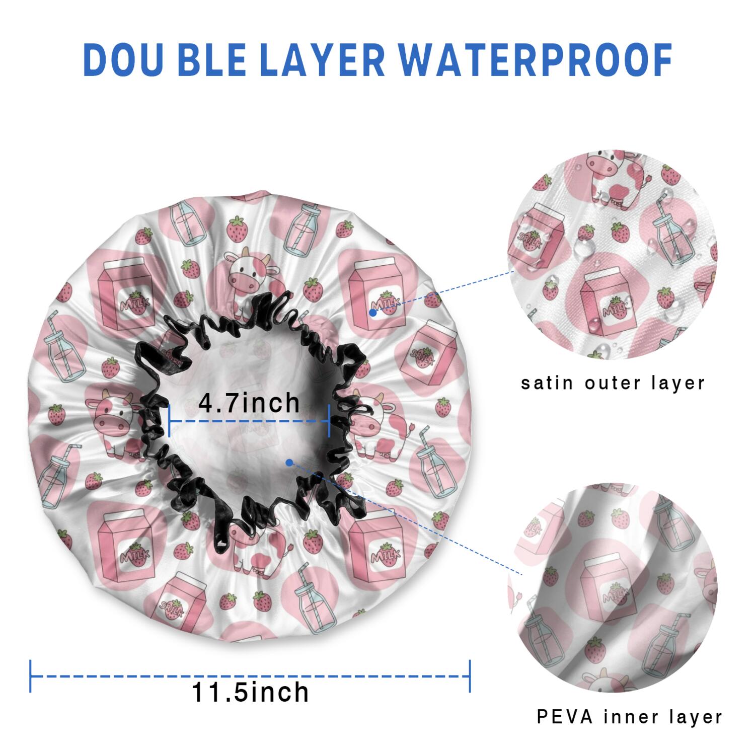 Shower Caps,White Cow Milk Strawberry Pattern Waterproof Shower Cap for Women 4 Pieces,Double Reusable Hair Cover for Shower PEVA Elastic Stretch Hem
