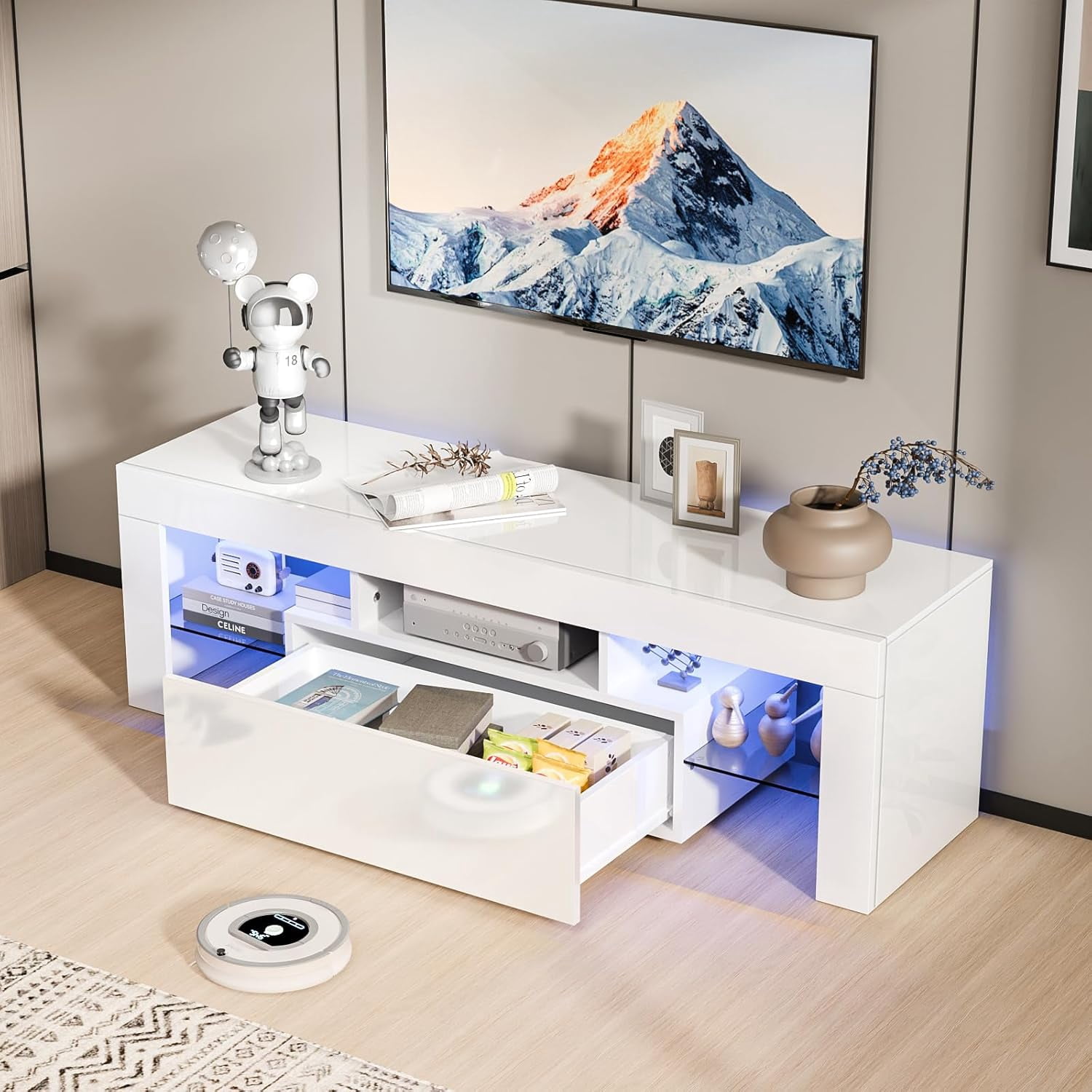 YWEN 51'' LED TV Stand, High Glossy Modern Entertainment Center with LED Lights and Storage for 40/43/50/55 Inch TV (White, 51'' x 14'' x 18'')