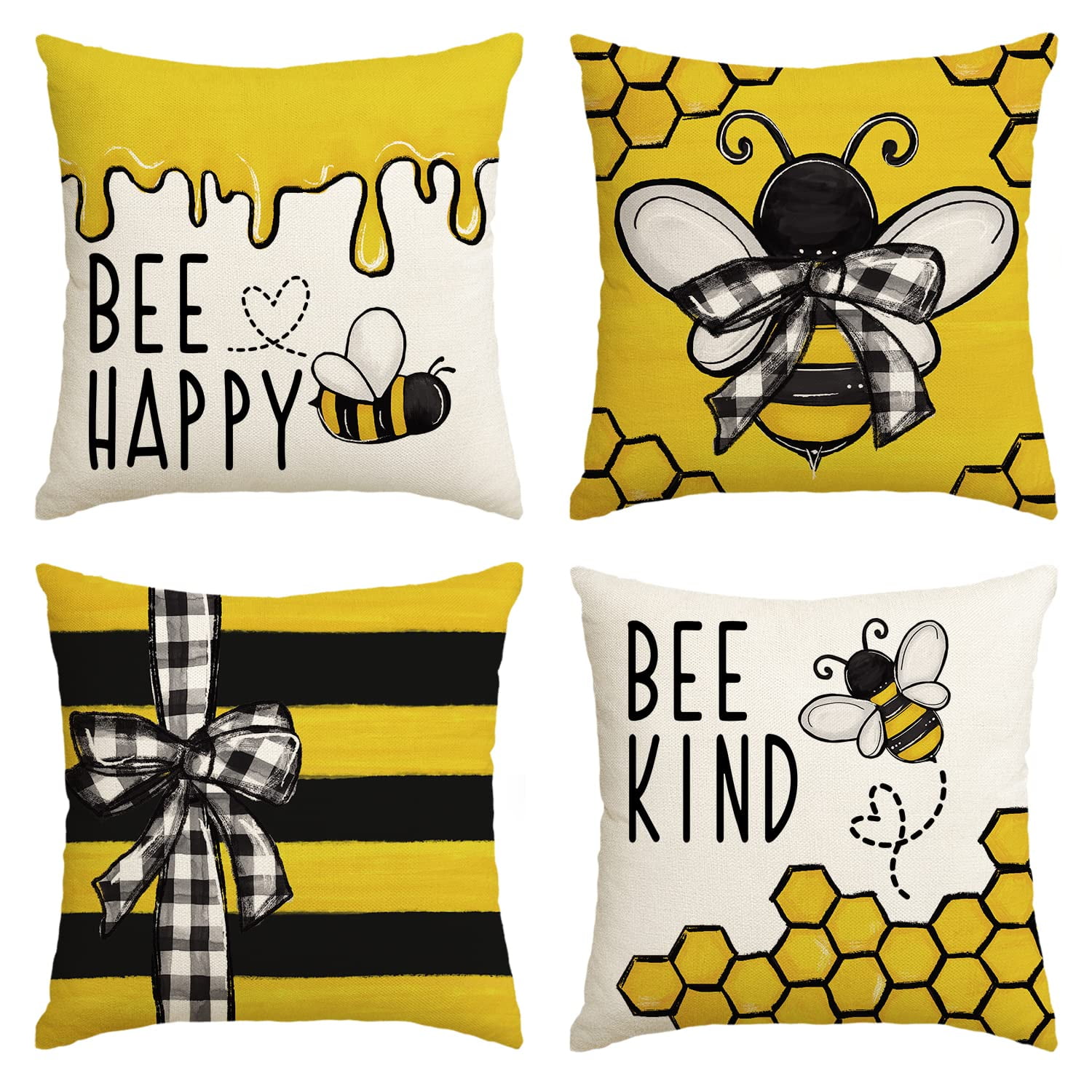 Artoid Mode Bee Happy Kind Summer Outdoor Pillow Covers Set of 4 18 x 18 Square Yellow