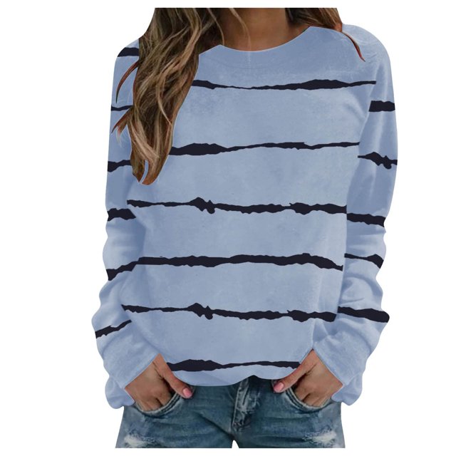 Hauts pour Femmes Manches Longues Hauts d'Été Décontractés Mode Femmes Confortables Rayures Imprimées Manches Longues Col Rond Blouses T-Shirt Manches Longues Hauts pour Femmes