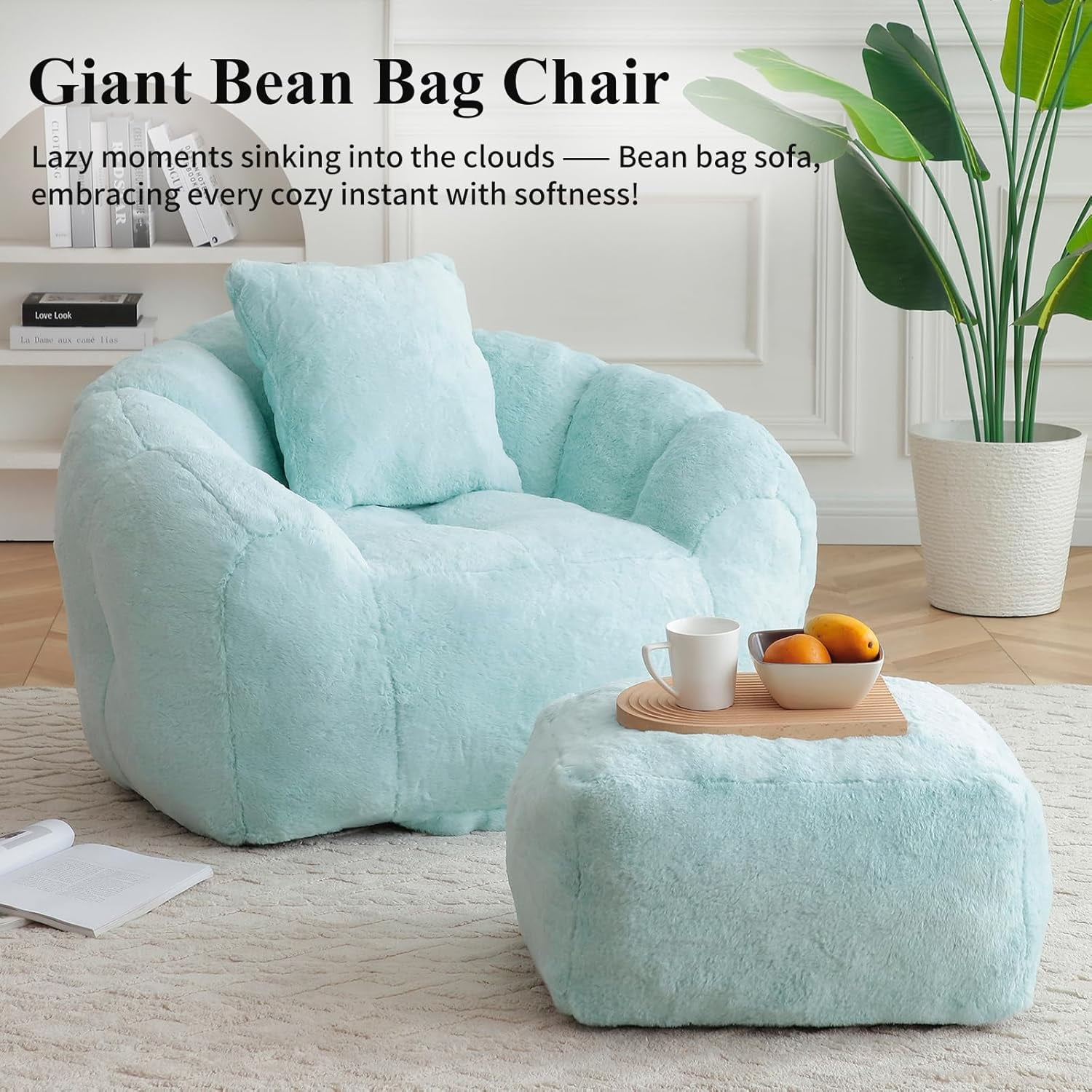 Giant Bean Bag Chair with Footstool for Adults and Kids, Faux Fur Upholstered Beanbag Chair with Shell-Shaped Design, Comfy Bean Bag Sofa with Pillow and Footstool, Floor Sofa Chair for Bedroom,Blue