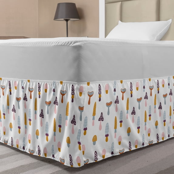 Mushroom Bed Skirt, Autumn Season Fungi Pattern with Different Colors Doodle Swirls and Stripe Motifs, Elastic Bedskirt Dust Ruffle Wrap Around for Bedding Decor, 4 Sizes, Multicolor, by Ambesonne