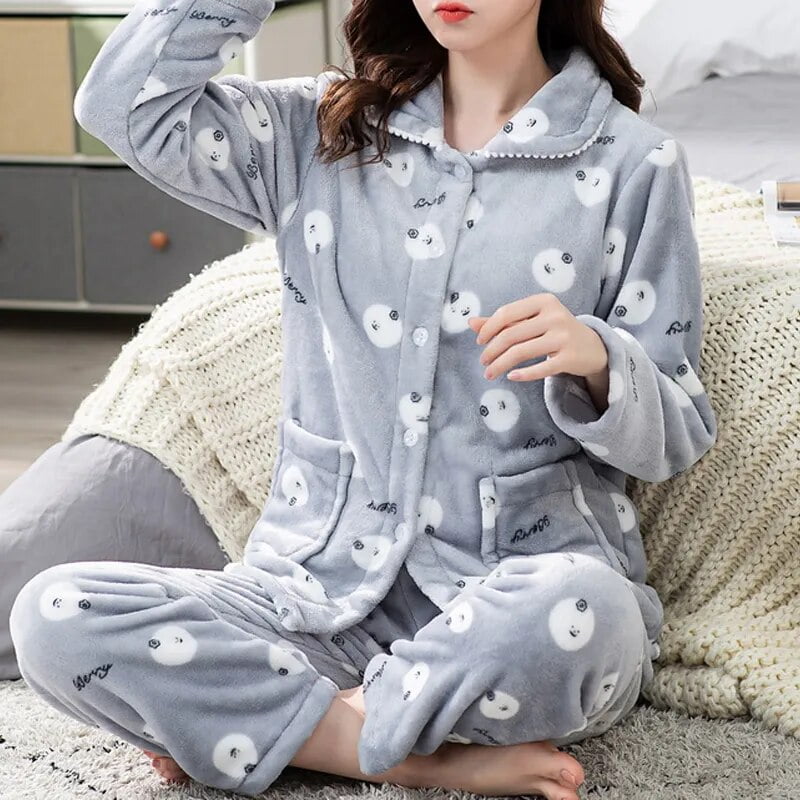 Pyjama chaud a pois imprimes pour femme ensemble 2 pieces flanelle epaisse Style coreen joli haut et pantalon de dessin anime hiver