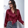 thumbnail image 5 of Women'S Satin Button Down V-Neck Long Sleeve Tops Summer Silk Blouses Fashion Spring Shirt 2025 Wine Red L, 5 of 7