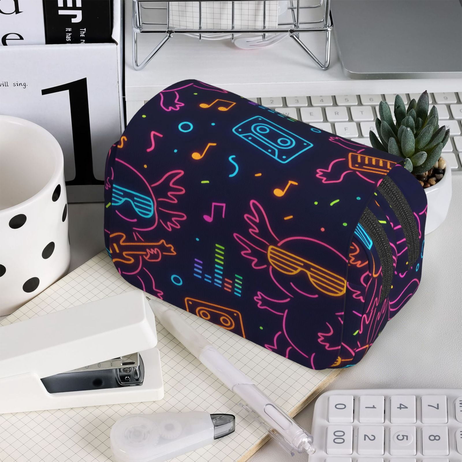 Large-Capacity Flip-Top Double-Layer Pencil Case, Multi-Functional Pocket Pen Case, Durable Stationery Organizer Neon Party Axolotls - 80s Synthwave