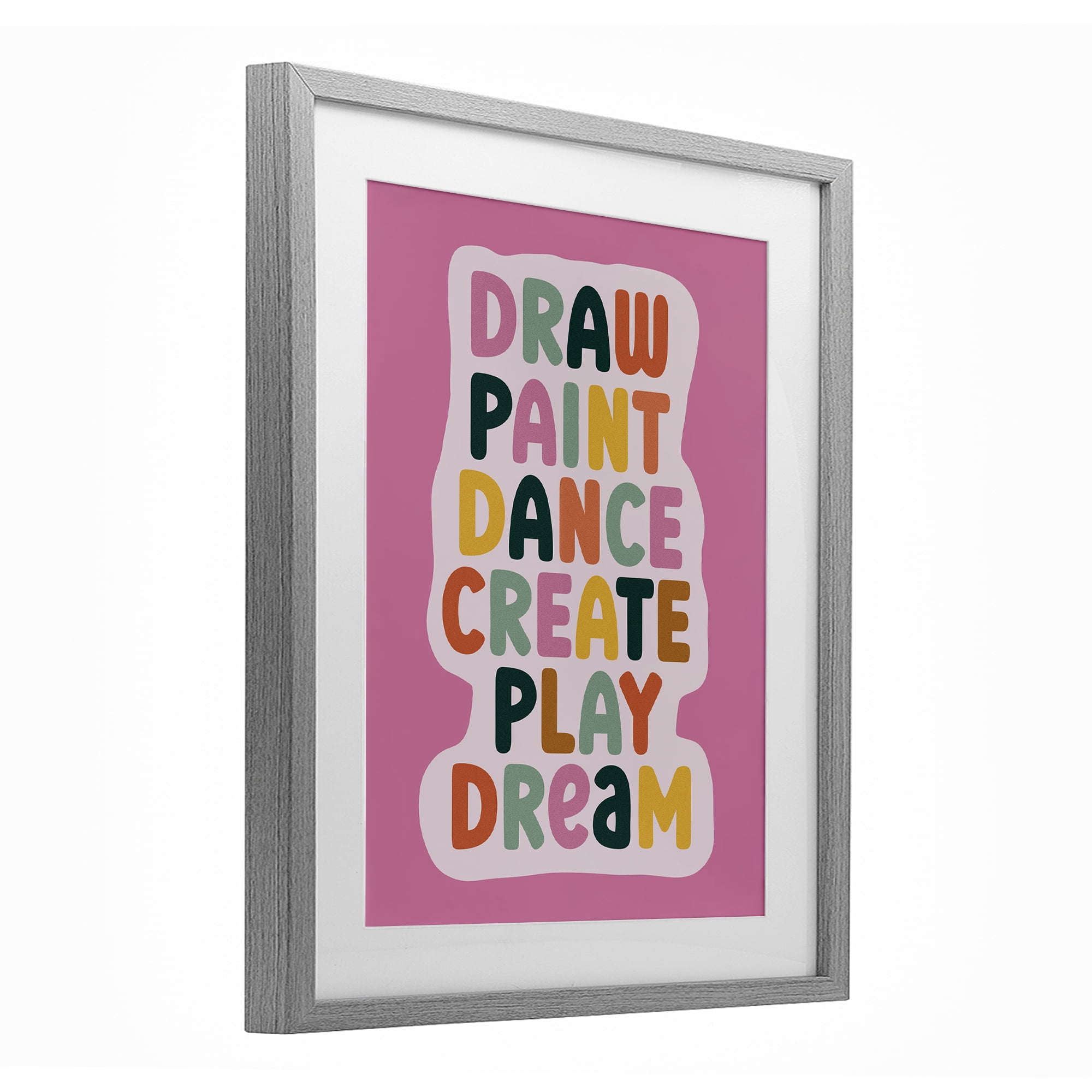 Draw Paint Dance Create Gray Framed Print Under Glass, design by Julia Frost