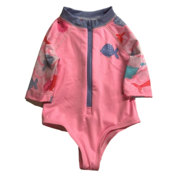 Infant Girls 1pc Pink Fish Themed Long Sleeved Rash Guard Swim Suit 9m