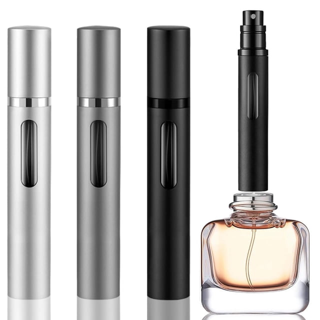 Atomizador de perfume DIOHIO de 10 ml, recargable para viaje, 3 unidades, con llenado inferior, minidispensador de colonia, pulverizador portátil (negro, gris y plateado)