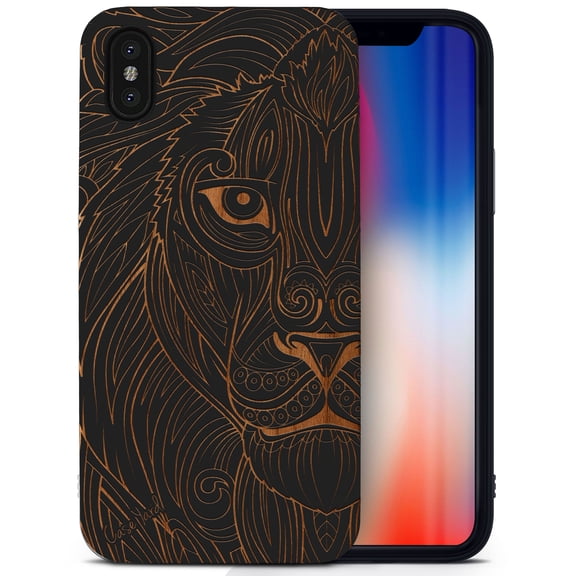 Case Yard Wooden Case for iPhone-X Soft TPU Silicone cover Slim Fit Shockproof Wood Protective Phone Cover for Girls Boys Men and Women Supports Wireless Charging Greek Lion Design