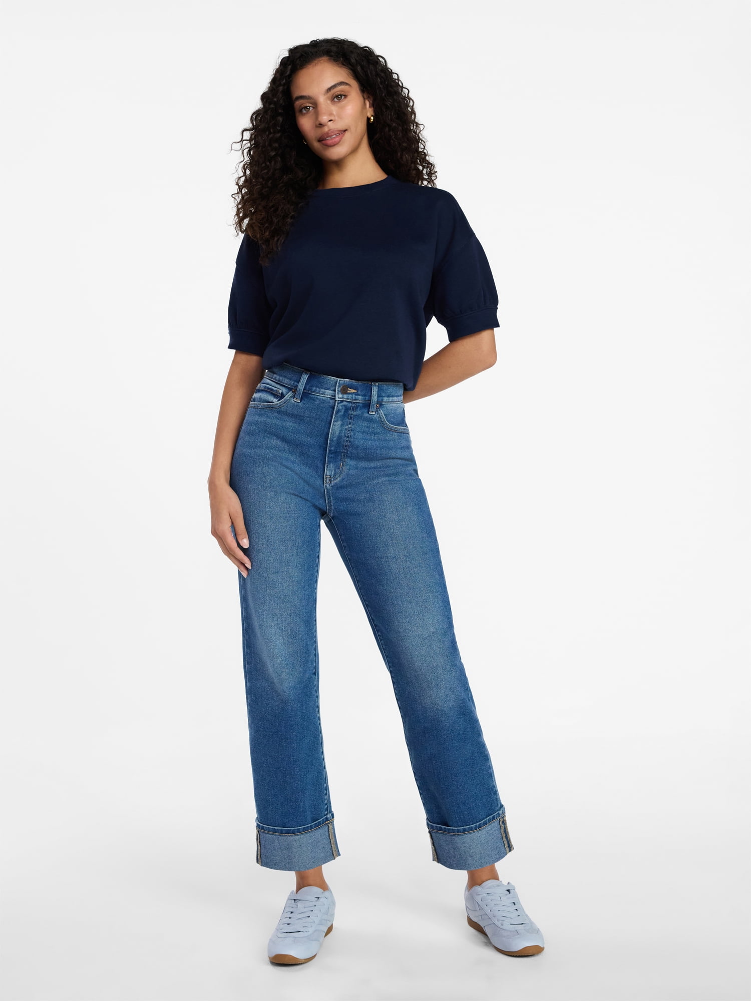 Time and Tru Women's High Rise Straight Leg Cuffed Jeans, 26.5" Inseam, Sizes 0-20