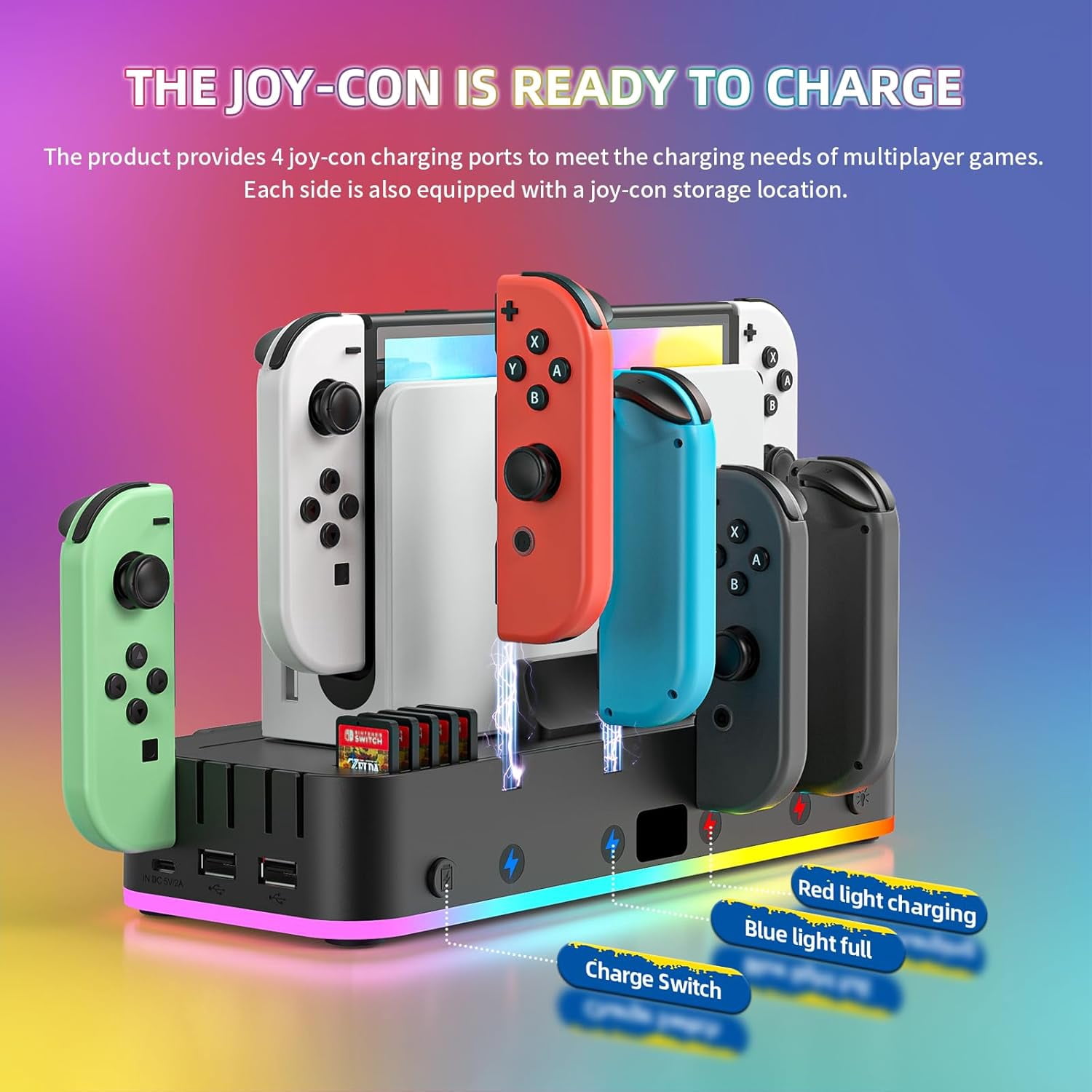 RGB Switch Wall Mount with Joy-Con Charger, Switch Holder for Nintendo Switch / OLED with Switch Organizer, Switch Accessories with 15 Light Mode, 4 Controller Charger, 2 USB Port, 10 Card Slot Black