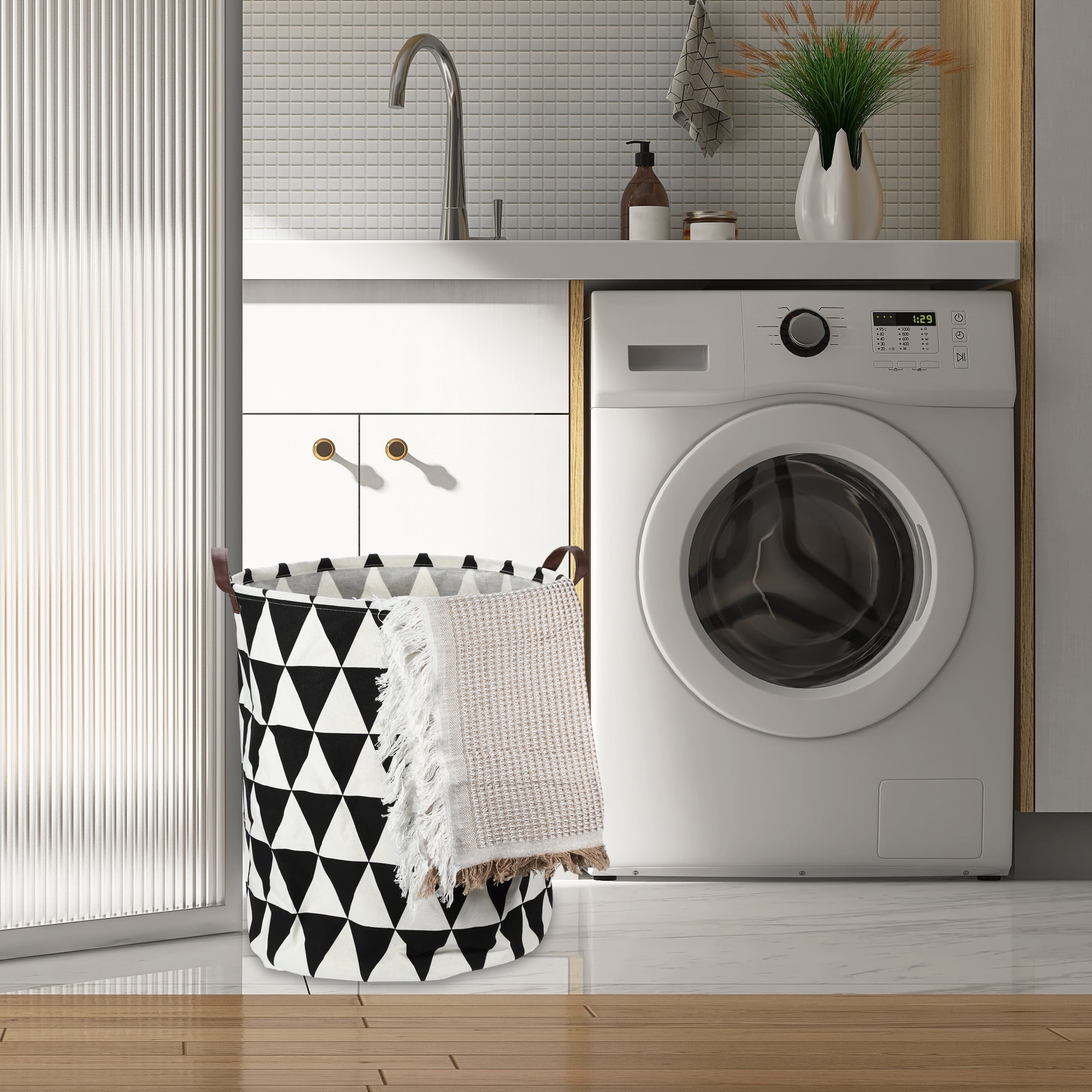 Unique Bargains Foldable Cylindrical Laundry Basket 19.69"x15.75" 60L Black White
