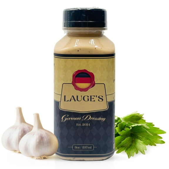 Lauge’s German Dressing I High Oleic Organic Sunflower Oil & Italian Vinegar Based Creamy European Dressing Packed with Fresh Garlic & German Flavors I Handcrafted in California I 8oz Bottle