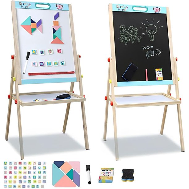 de Arte para Niños de Doble Cara - Pie Ajustable, Pizarra Magnética Doble Cara Tablero, Juego de caballete, incluye tiza, borrador de pizarra, tangram, bolígrafo, etc. (Pequeño, 88x39CM)
