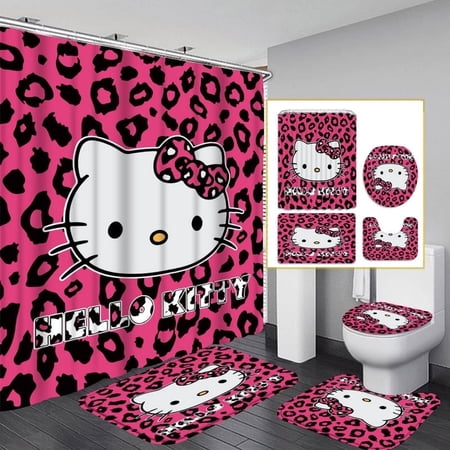 Hello Kitty Graffiti-Print Home Shower Curtain Set Includes 72x72-inch shower curtain, U-shaped toilet seat cover, non-slip bath mat, and 12 hooks