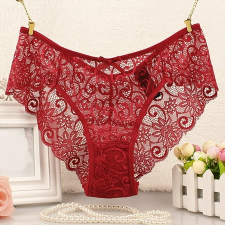 UAYOTSE Women Floral Lace Panties Sexy Hipster Underwear V-Shape Waistband Tangas M Red